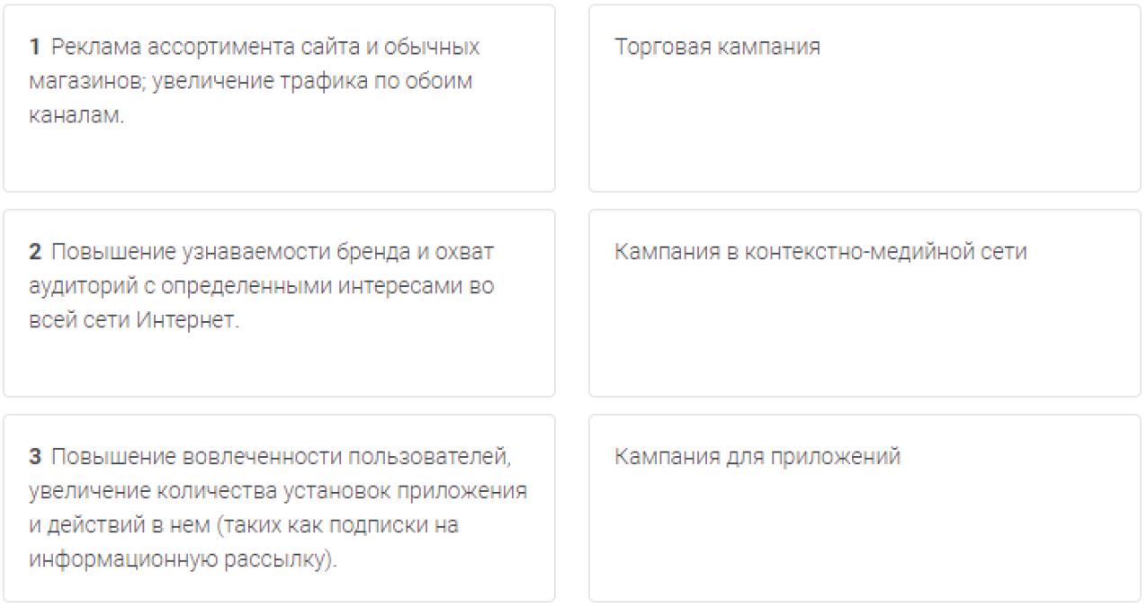 Выберите подходящий тип кампании в Google Рекламе для каждой цели. (Каждой цели соответствует один тип кампании.)
